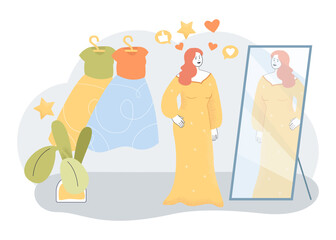 Woman in yellow dress looking into mirror vector illustration. Cartoon drawing of beautiful woman positive about her reflection, body positivity. Self-love, motivation or acceptance concept
