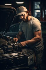Mechanic repairs car, AI generated Image