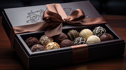 Luxurious packaging chocolate boxes with satin ribbon on a dark background. Assortment assorted...