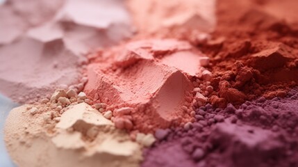 Macro photo of loose powder. Multi-colored make-up powder, pink, brown, purple, nude. Detailed image of raw materials for make-up - used for make up and cosmetics ads