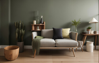 Luxury living room in house with modern interior design, green velvet sofa, coffee table,