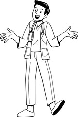 Male hospital doctor standing with friendly face, character line art coloring page