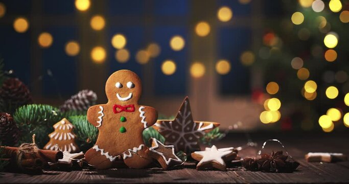 Christmas gingerbread cookies on wooden table