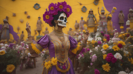 Dia de los Muertos, Day of the Dead, woman with sugar skull makeup on floral background.Calavera Katrina Halloween. Generative ai