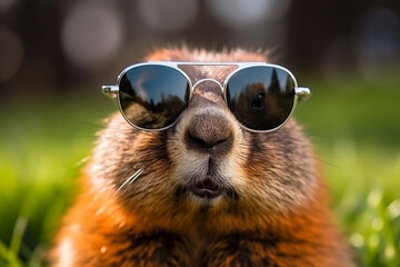 Funny groundhog in sunglasses on the snow, blurred green grass background, happy groundhog day concept, copy space, welcome spring coming