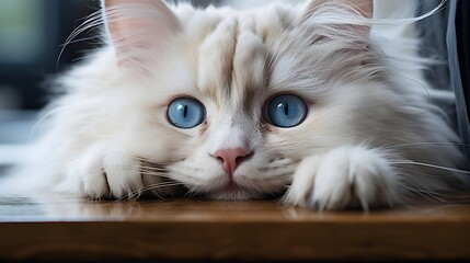 Enchanting Gaze: White Cat with Blue Eyes - obrazy, fototapety, plakaty