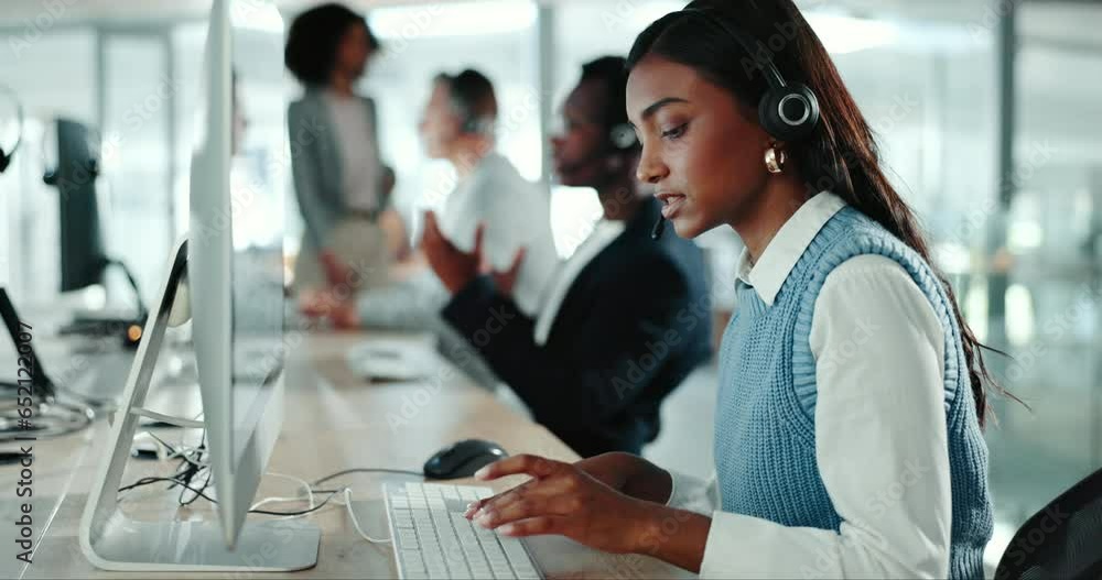 Aufkleber Business woman, office call center and computer communication, customer support or virtual advice. Young consultant in telecom workspace talking, typing and helping with ecommerce FAQ or information