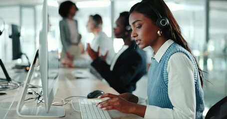 Business woman, office call center and computer communication, customer support or virtual advice. Young consultant in telecom workspace talking, typing and helping with ecommerce FAQ or information - Powered by Adobe