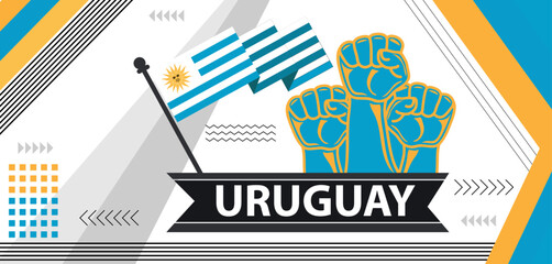 Obraz premium Uruguay national day banner with Uruguayan flag colors, geometric blue white yellow design. Uruguayan creative Banner Design..eps