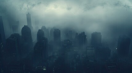 A cityscape shrouded in thick fog, in which tall skyscrapers disappear. - obrazy, fototapety, plakaty