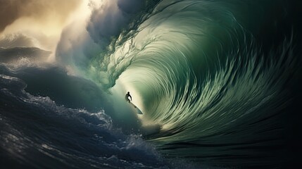 A surfer catches a colossal wave, a towering wall of water. - obrazy, fototapety, plakaty