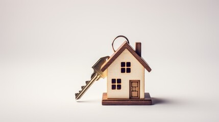A set of keys next to a miniature model of a house on a white background.