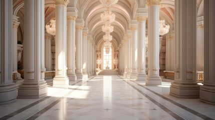Fototapeta na wymiar An elegant corridor with rows of tall marble columns on both sides.