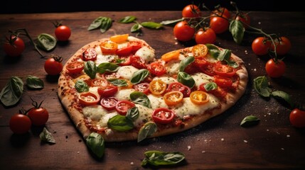 Image of a heart-shaped pizza topped with fresh tomatoes, basil leaves, and mozzarella.