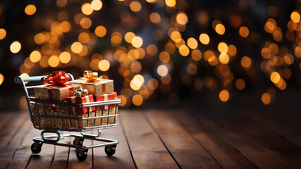 Christmas Package Shopping Cart Background created with Generative AI technology - obrazy, fototapety, plakaty
