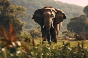 Fototapeta premium elephants at sunset