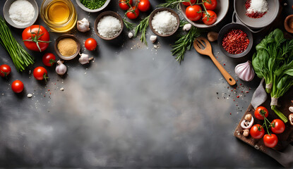 food background and cooking scene on an old wooden background with ample copy space.