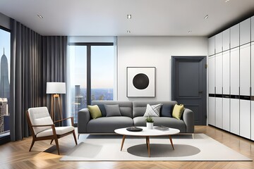 Naklejka na ściany i meble Room interior, modern home design with furniture. Grey sofa at white apartment, living room in simple style. Scandinavian flat with stylish minimal decor, space for relax.