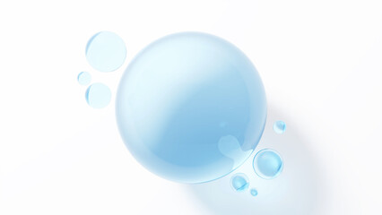 白い背景に透明感のある複数の水色の球体。