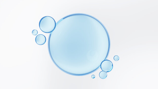 白い背景に透明感のある複数の水色の球体。