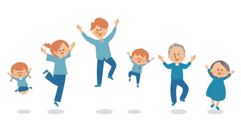 家族　三世帯　ジャンプ　イラストセット素材
