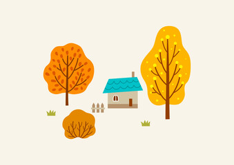 Autumn trees forest with house landscape background.