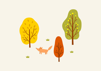 Autumn trees forest with fox landscape background.