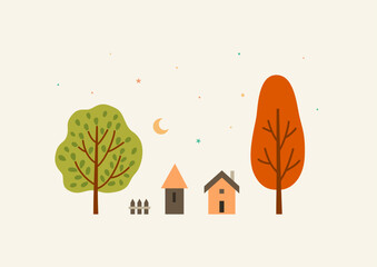 Autumn trees forest with houses landscape background.