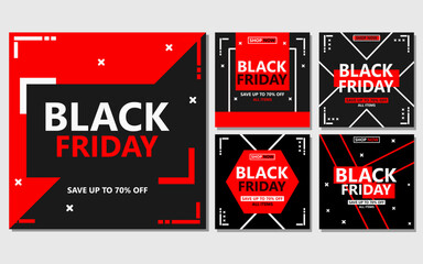 five sets of social media template designs in red and black colors. black friday social media post design for promotion.