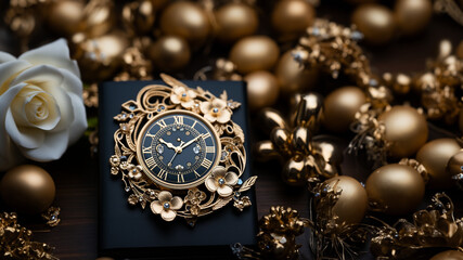 Wecker im abstrakten schönen Retro Design und gold Bokeh Hintergrund im Querformat für Banner, ai generativ