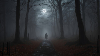 A lone figure makes their way through the eerie woods on a moonless Halloween night. Image is generated with the use of an Artificial intelligence