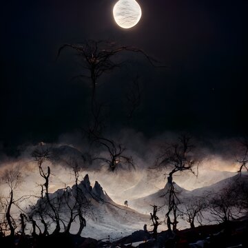 nightmare before christmas barren mountains dead trees curves dark expansive view cinematic highly detailed unreal engine digital illustration render 