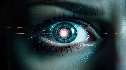 Fototapeta premium Futuristic eye with lasers and unique building implanted technology. generative AI