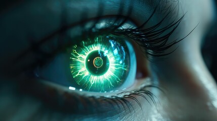 Futuristic eye with lasers and unique building implanted technology. generative AI