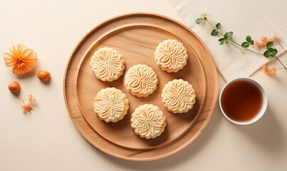 Fototapeta na wymiar Moon cake, Mid-Autumn Festival concept, Top view of Dessert, tea cup and flower, flat lay copy space.