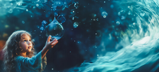 World water day, Girl holding water drop, Save water and help planet, ECO friendly earth, Sustainable living, Global ecology environment, World environment protection concept, Clean renewable energy - obrazy, fototapety, plakaty