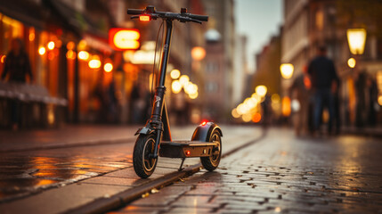 scooter on a city street on blurred background, eco friendly , sustainable travel concept. Ecological conscious. banner - obrazy, fototapety, plakaty