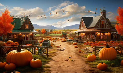 bustling pumpkin patch farm during the heart of autumn