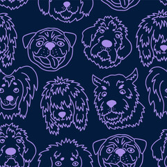 Funny seamless pattern with the heads of dogs of different breeds. Sketch in the style of doodles on a dark blue background. Vector.
