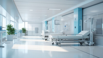 Naklejka na ściany i meble Modern emergency clean empty medicine hospital bed room care health clinical