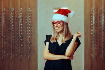 Happy Woman Excited about Christmas Sale on Eyeglasses. Cheerful elegant girl promoting limited...