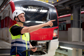 Fototapeta premium Young engineer man or worker hold clipboard for looking and checking electric train for planning maintenance and pointing in station, transport and infrastructure, inspector check service transport.