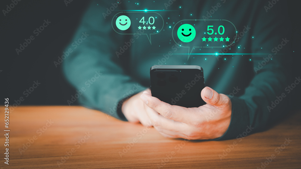 Poster Male customer using a smartphone in give rating to service experience assessment on application to the shops. Online customer review satisfaction feedback survey and testimonial on mobile phone.