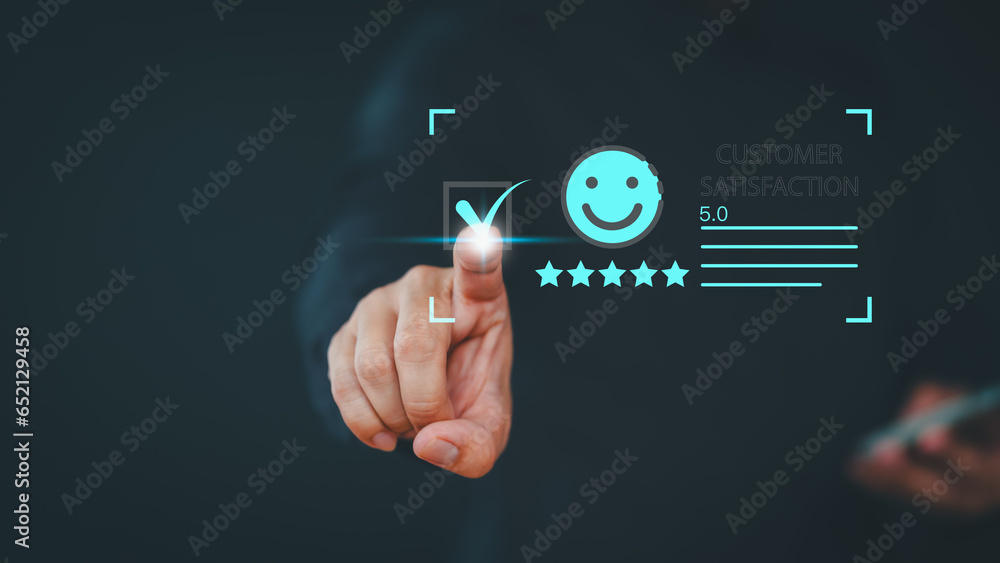 Poster user hand touch virtual screen on smile face icon to give satisfaction in opinion on online applicat