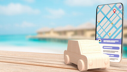 The wood car and mobile for navigator app concept 3d rendering