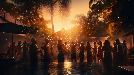Fototapeta premium Blurred background of many people had fun at beach party in tropical nature