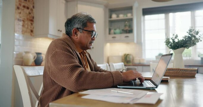 Home, laptop or senior man with documents, stress or real estate with investment, bankruptcy or connection. Computer, email or elderly man with paperwork, audit or pension fund with depression or tax