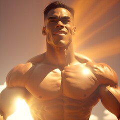 incredibly muscular young mixed race bodybuilder flexing in orange sun power incandescent grimacing bulging and vascular cinematic photorealistic 4K  - obrazy, fototapety, plakaty