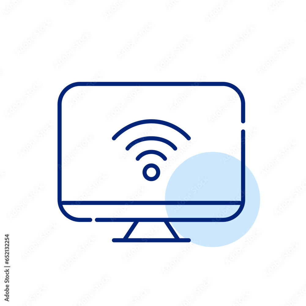 Poster desktop computer with wifi symbol on it. pixel perfect, editable stroke icon