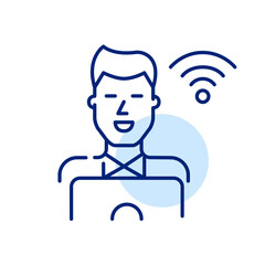 Man working at laptop using wifi. Remote work. Pixel perfect, editable stroke icon